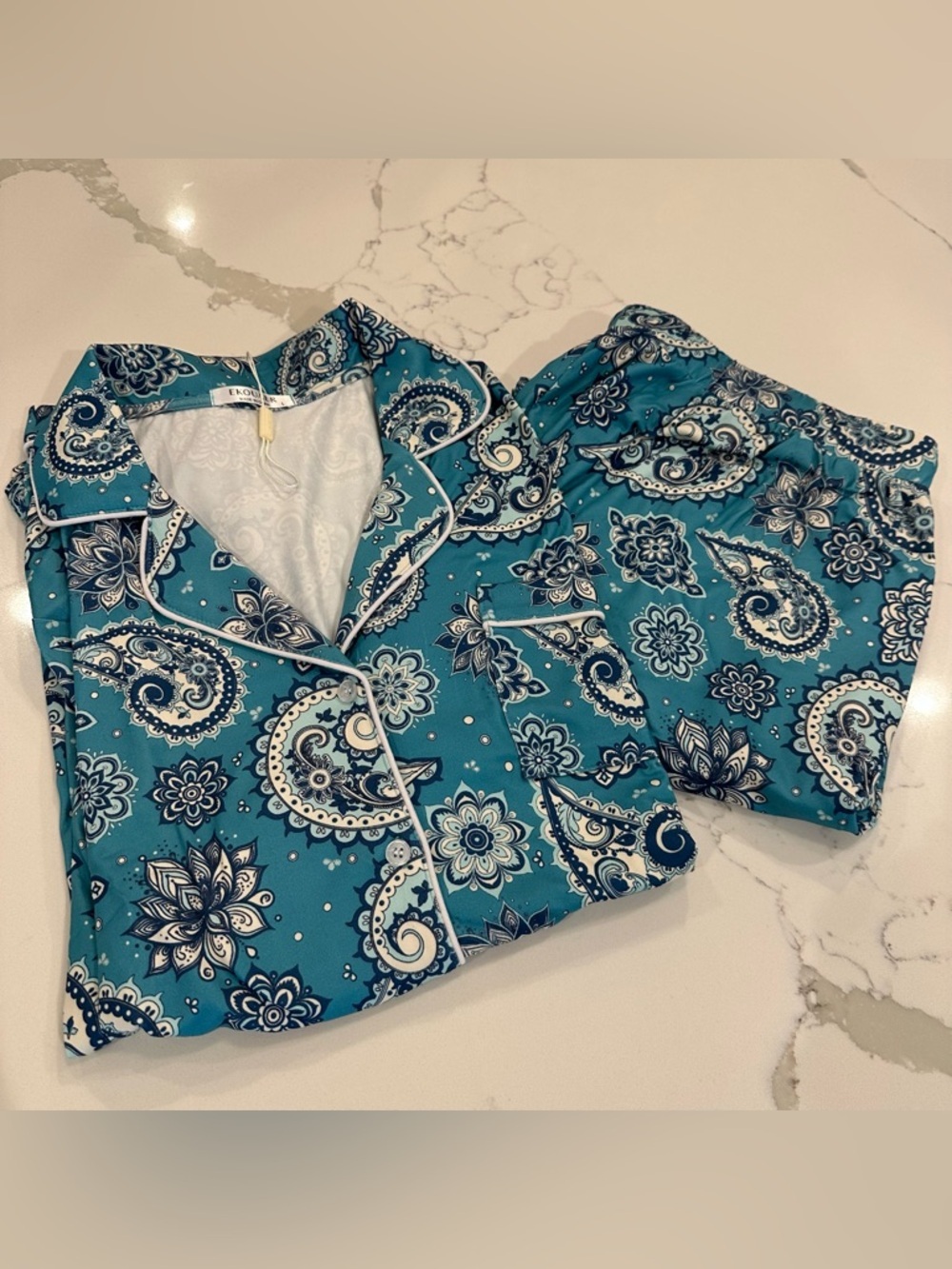 Buttery Soft Teal Paisley Long Sleeve Pajama Set Women L Green Loungewear Cozy
